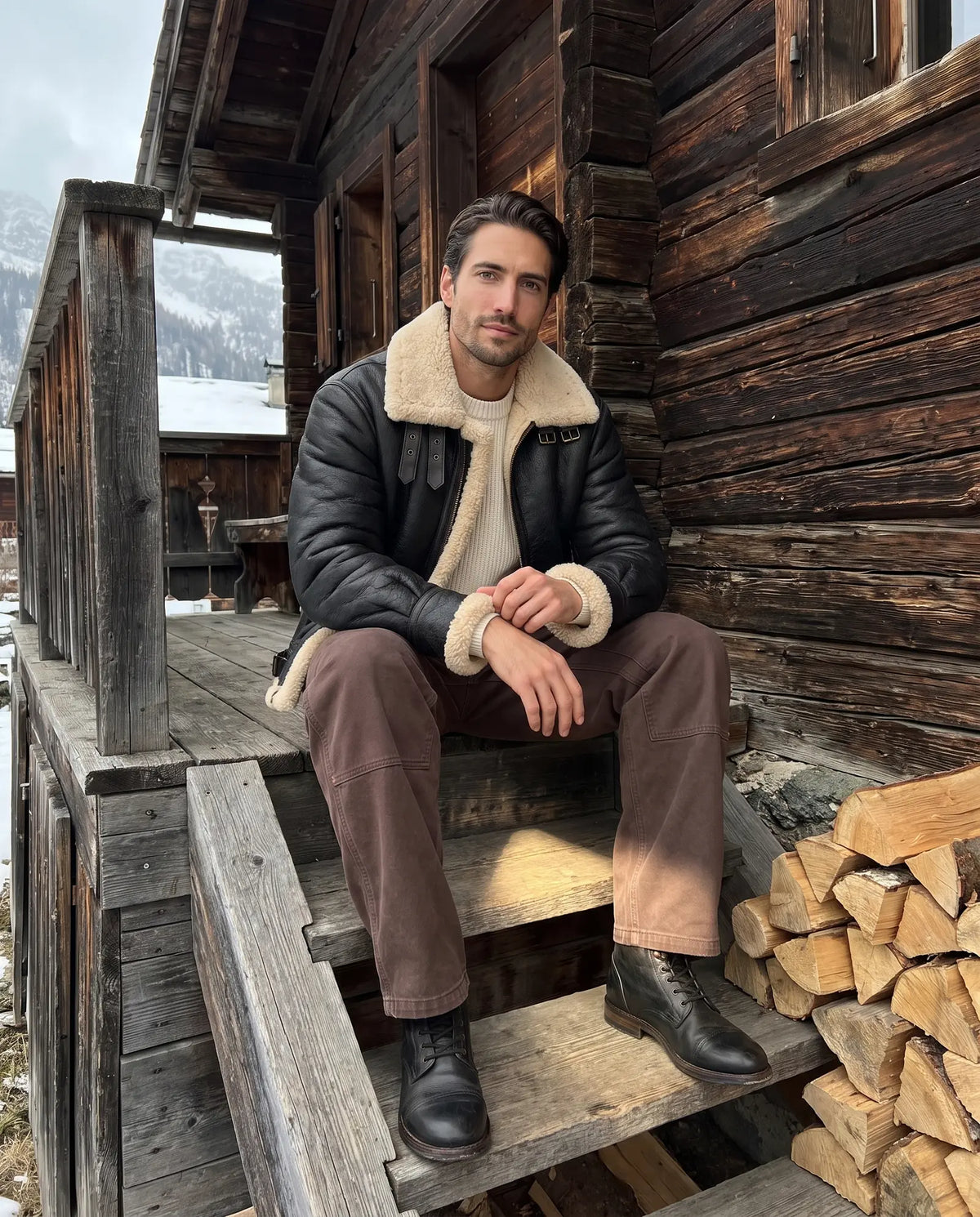 Man in the Romimi aviator jacket and carpenter pants on chalet steps