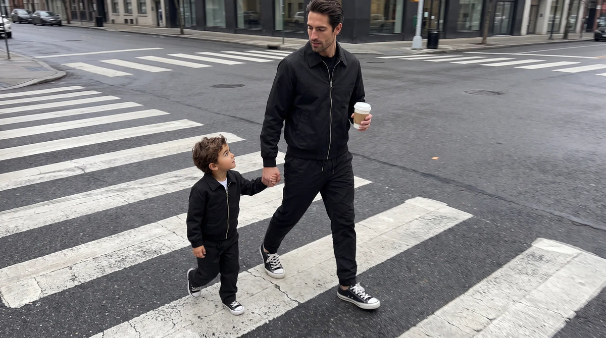 Father and son crossing the street hand in hand in matching black tech tracksuits, Romimi Autumn Edit