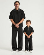 Father and son wearing the Romimi Adam Braided Collar Polo - Black