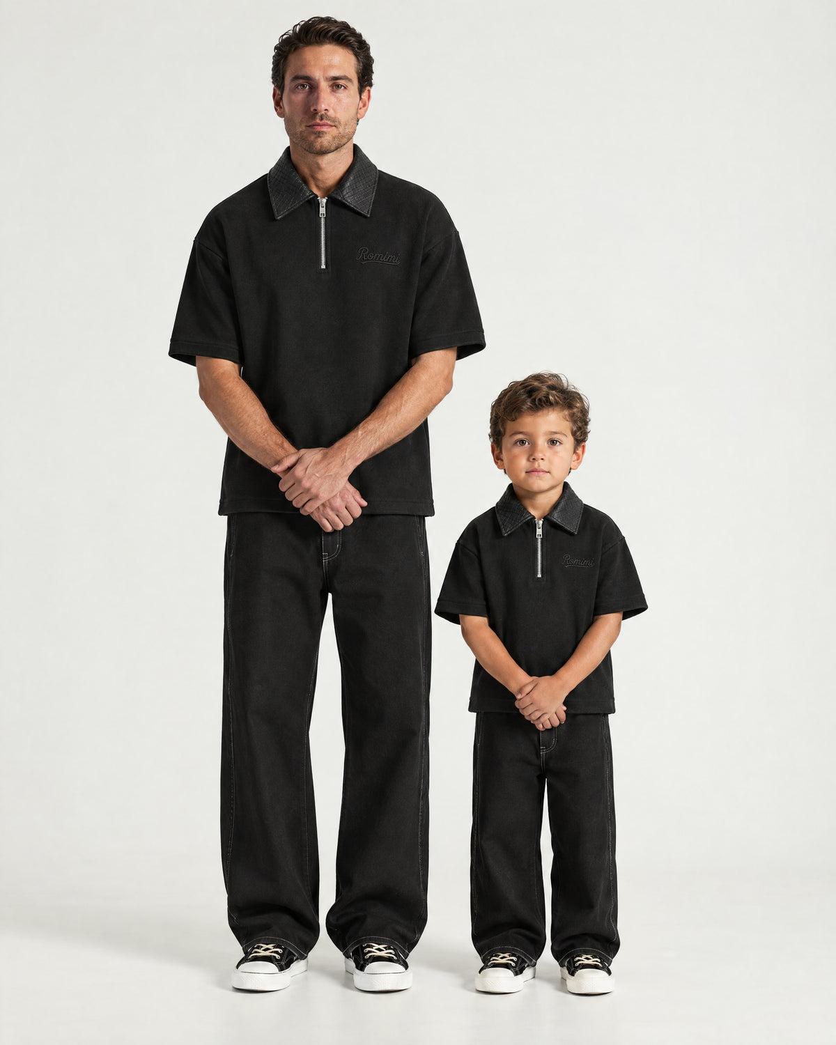 Father and son wearing the Romimi Adam Braided Collar Polo - Black