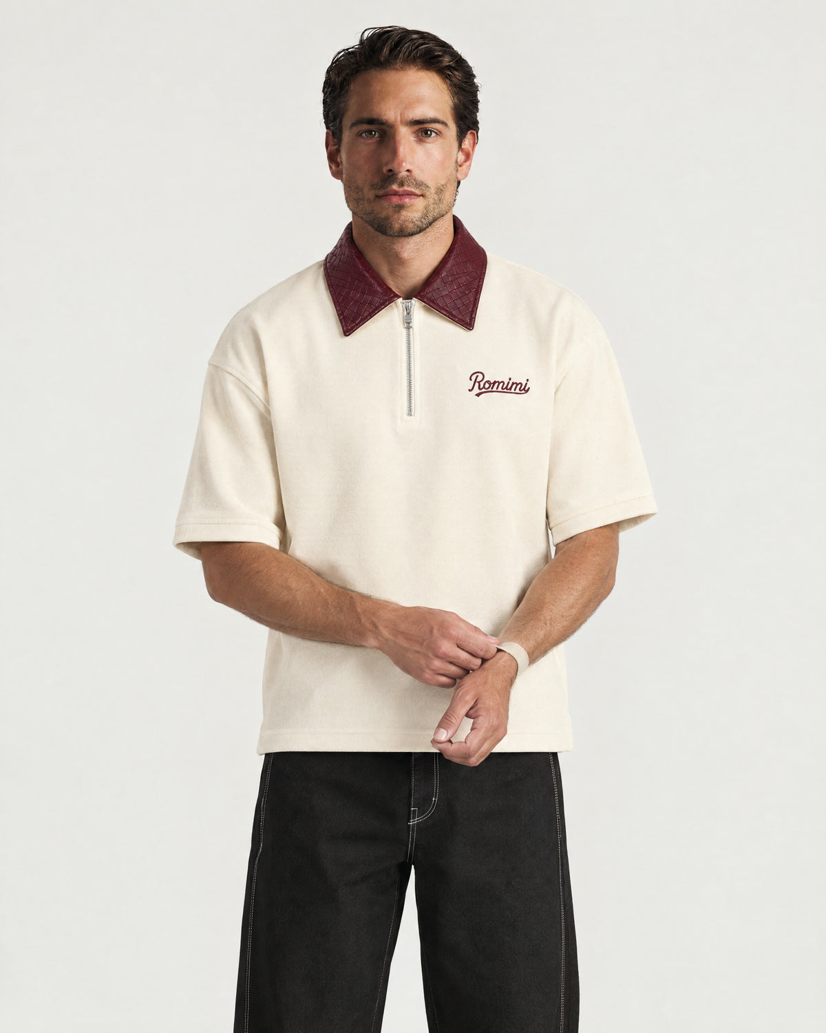 Man wearing the Romimi Adam Braided Collar Polo - Cream & Burgundy, front view