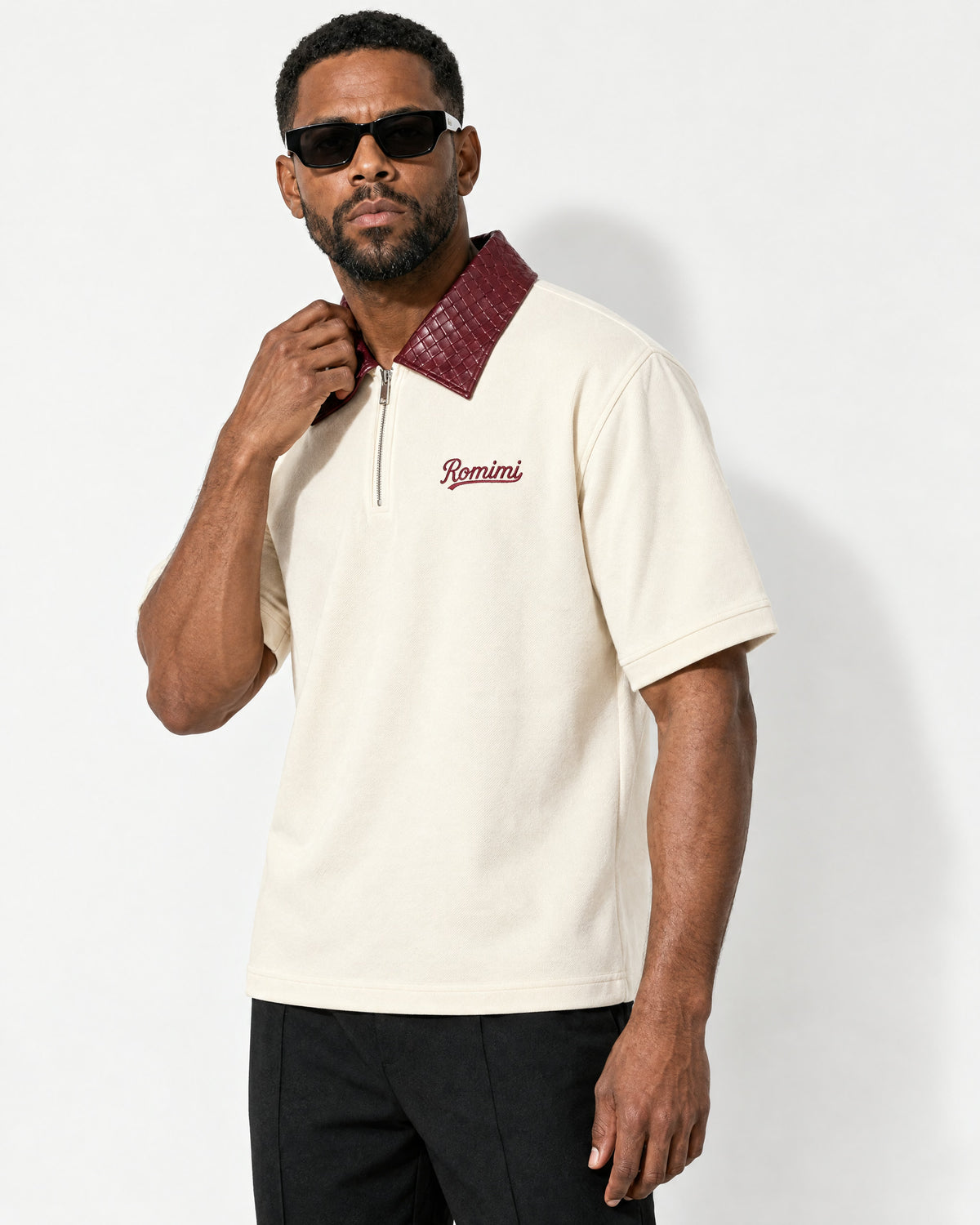Adam Braided Collar Polo Cream & Burgundy — three-quarter portrait