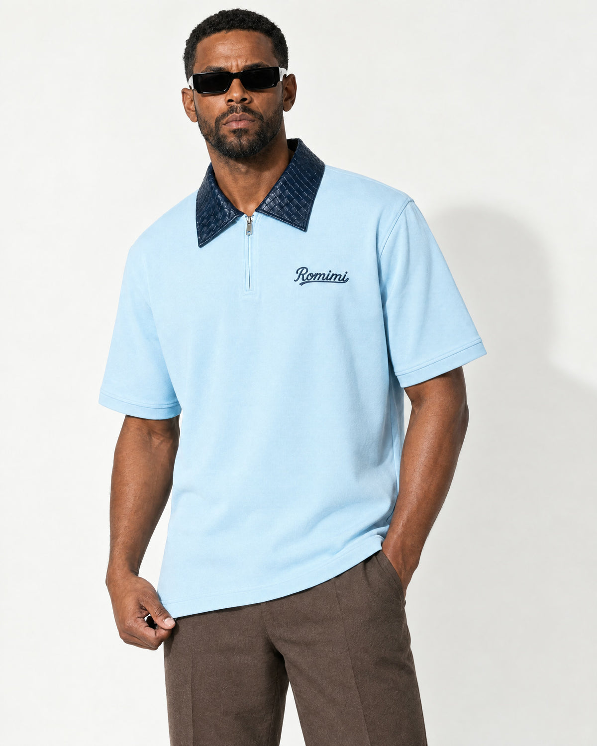 Adam Braided Collar Polo Sky Blue — three-quarter portrait