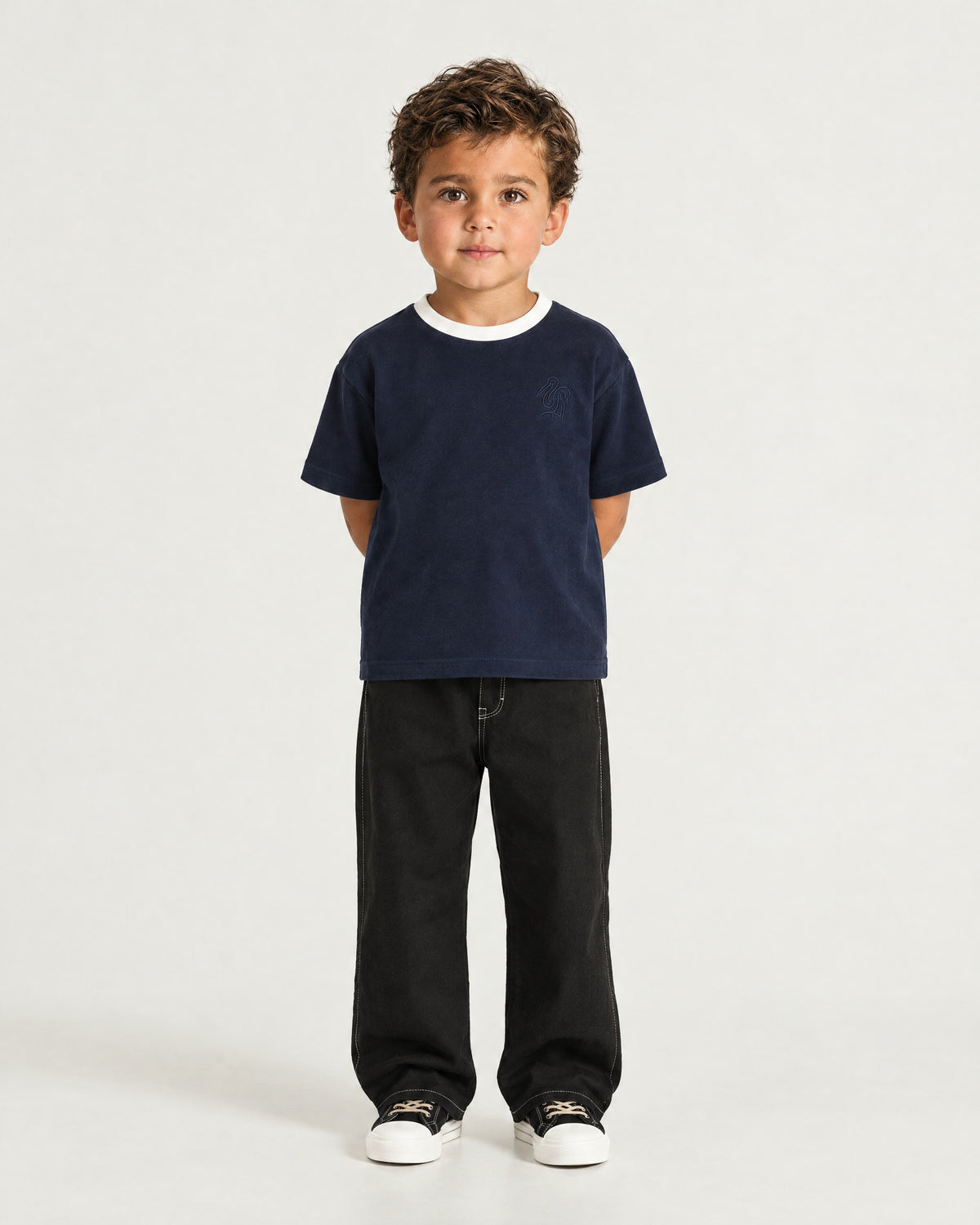 Little boy wearing the Romimi Alex Contrast Collar Tee, full length