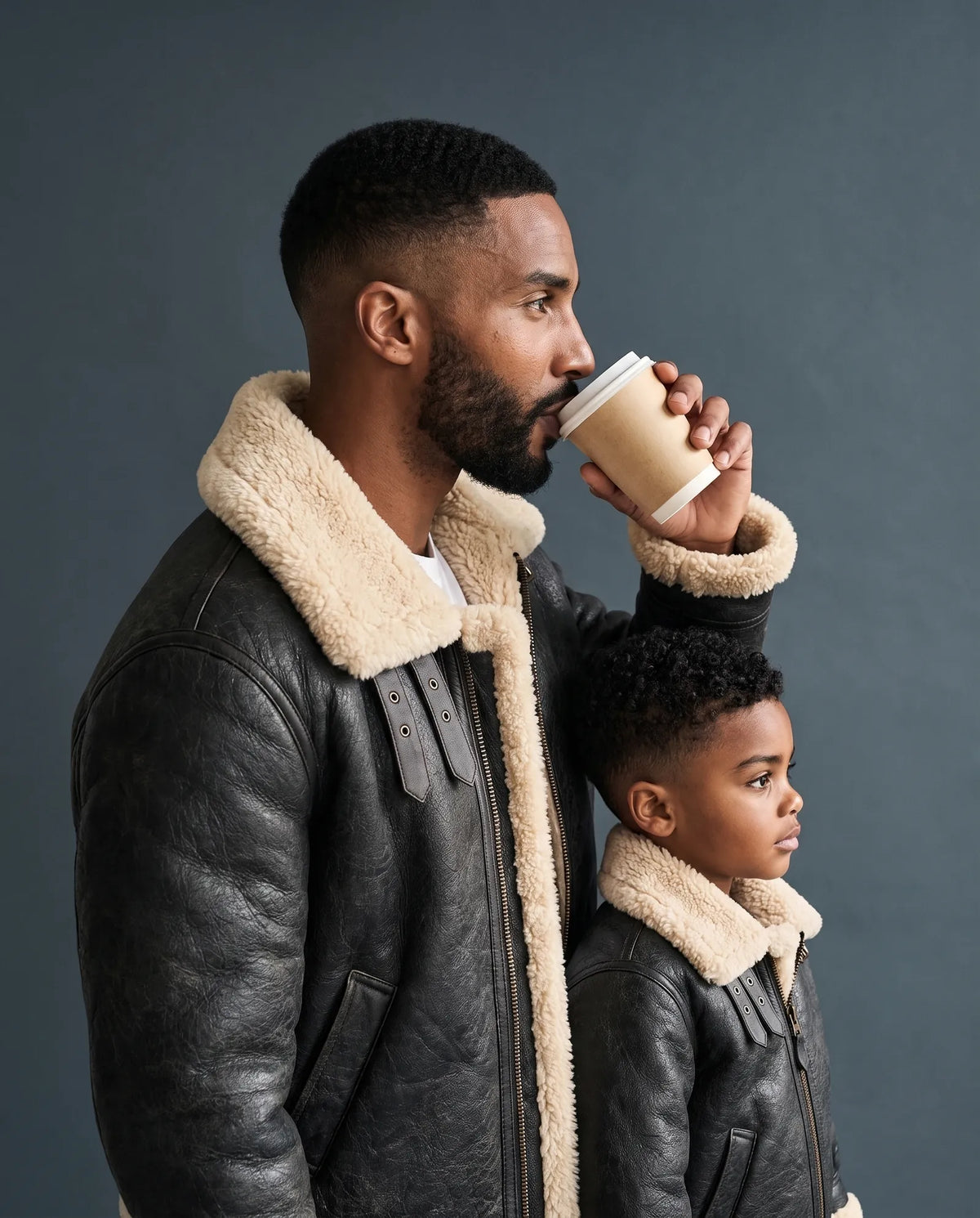 Profile portrait of father and son in Romimi aviator jackets