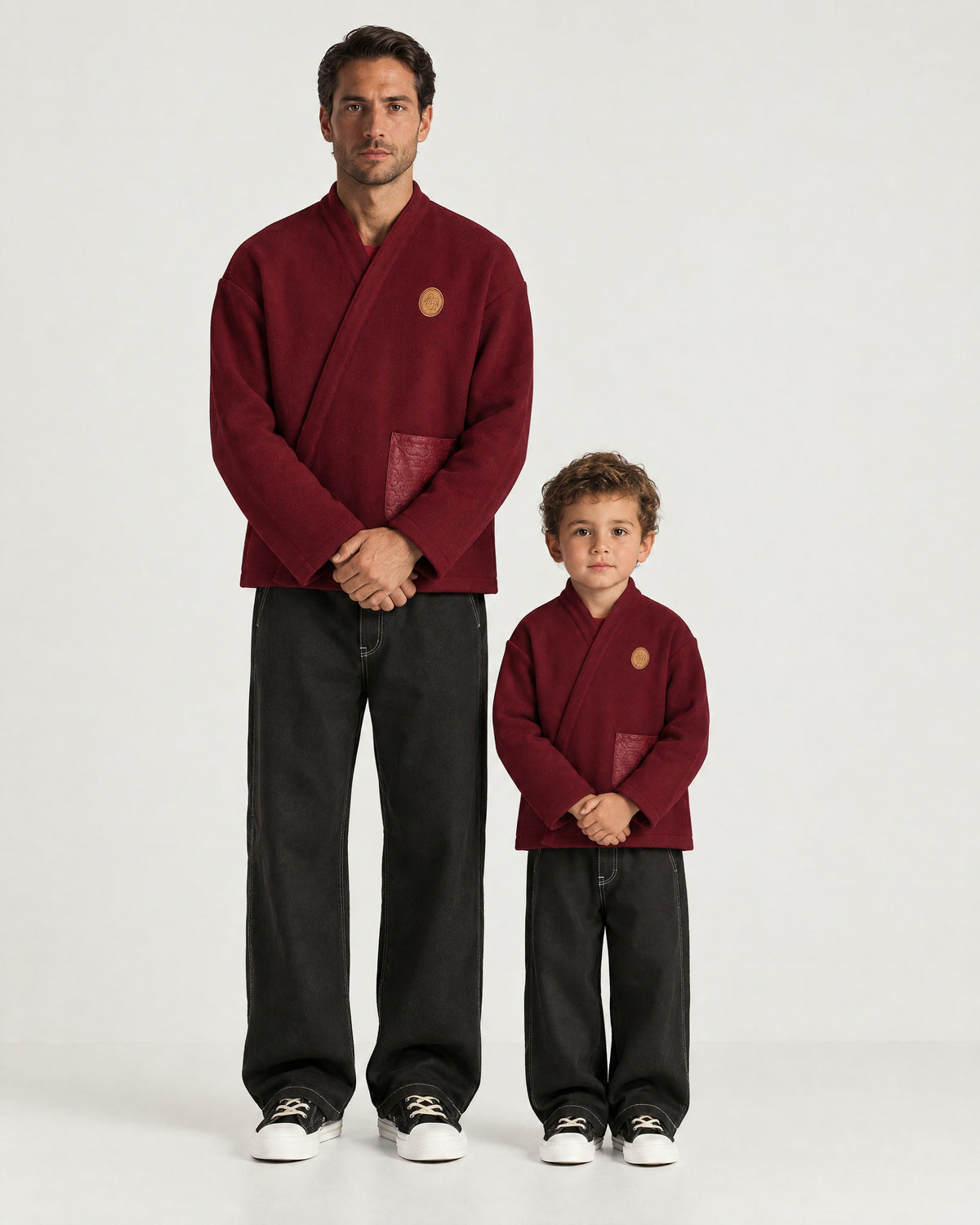 Father and son wearing the Romimi Atelier Kimono Overshirt