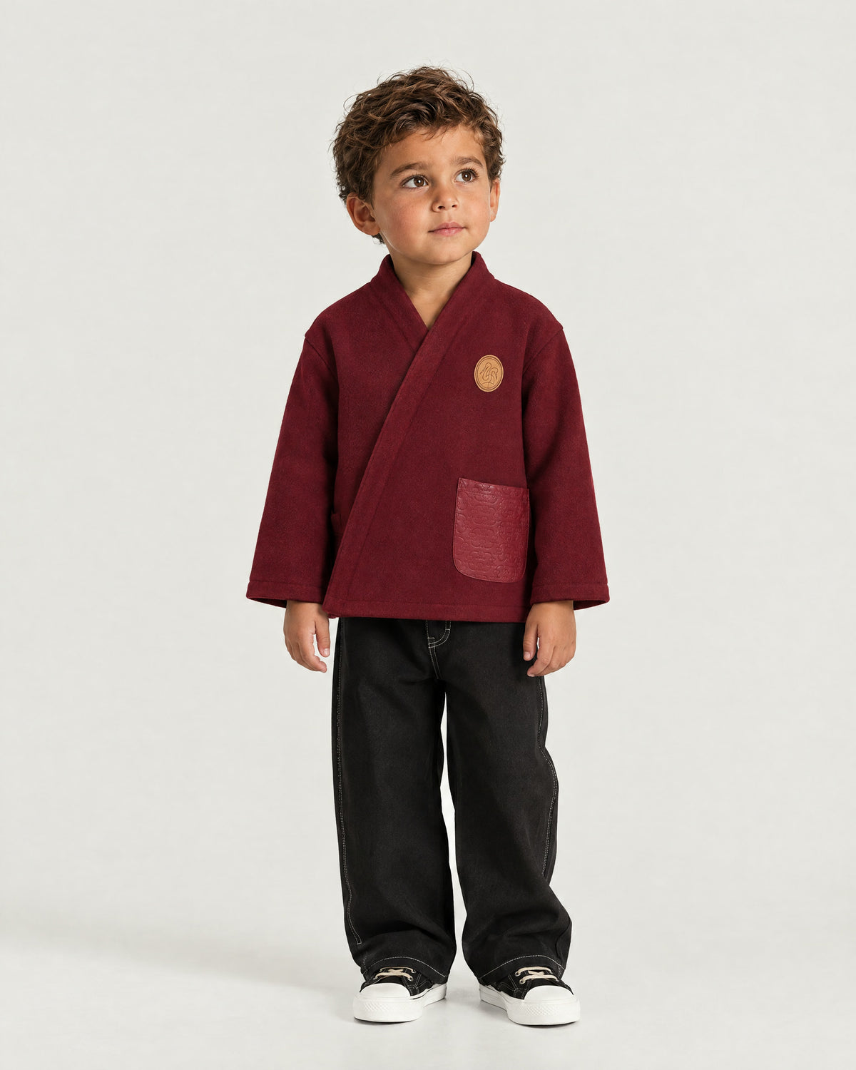 Little boy wearing the Romimi Atelier Kimono Overshirt, full length