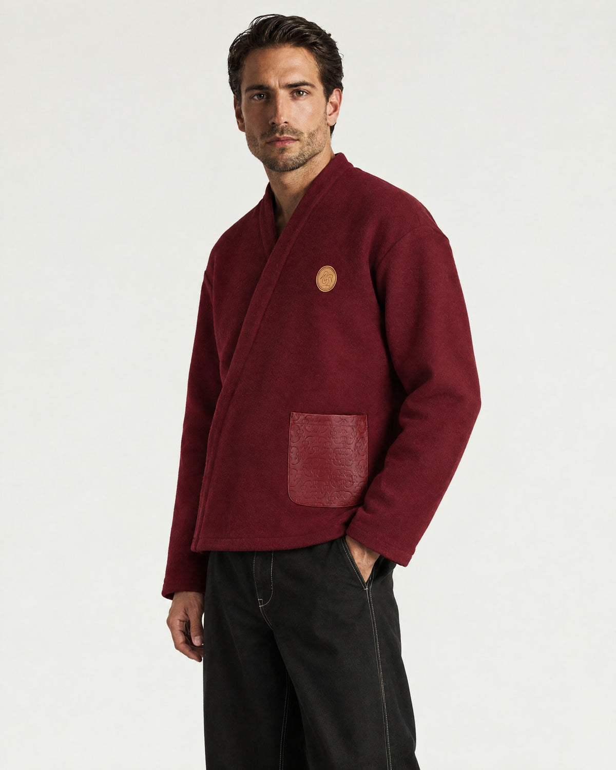 Man wearing the Romimi Atelier Kimono Overshirt, three-quarter view