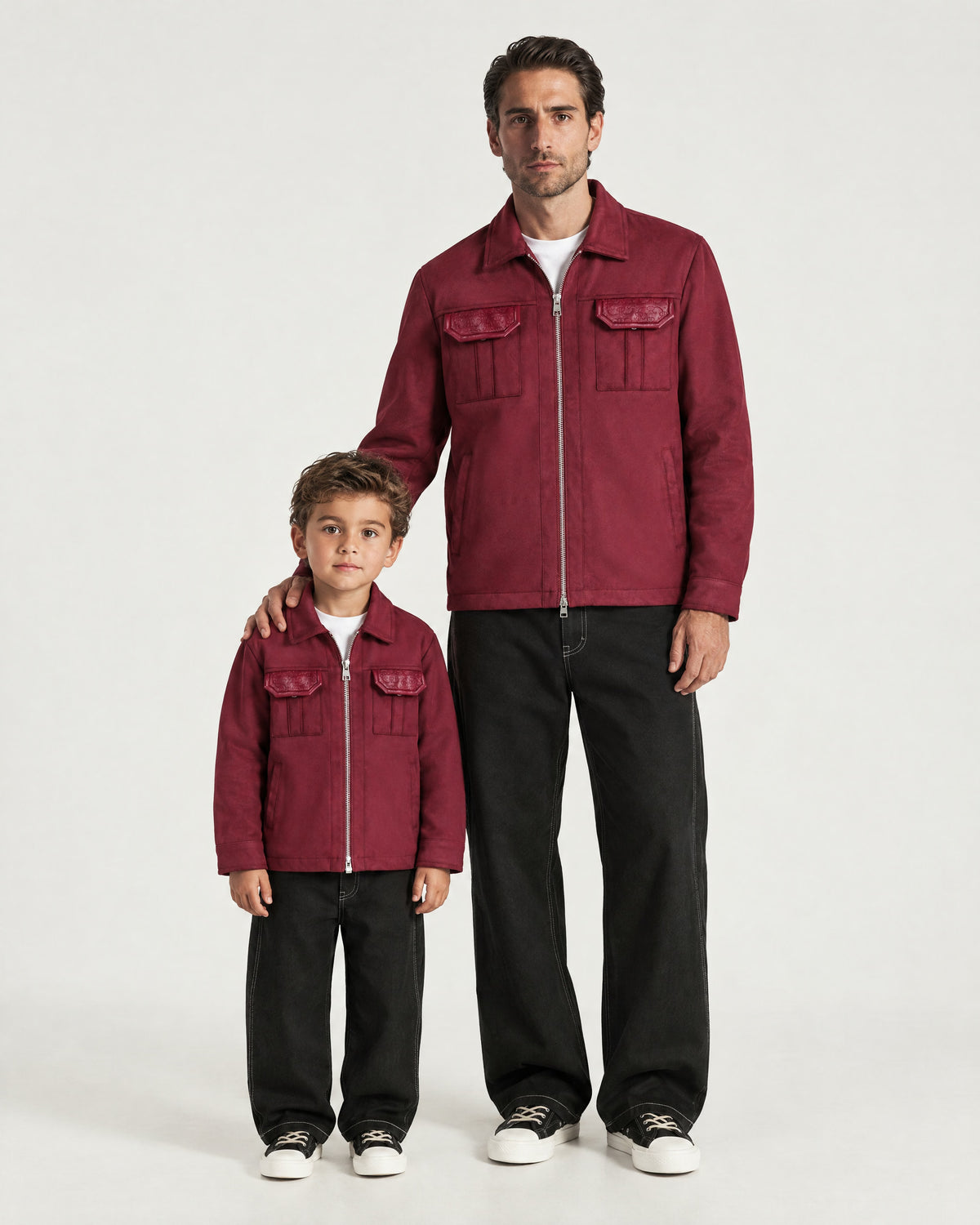 Father and son wearing the Romimi Atelier Suede Jacket