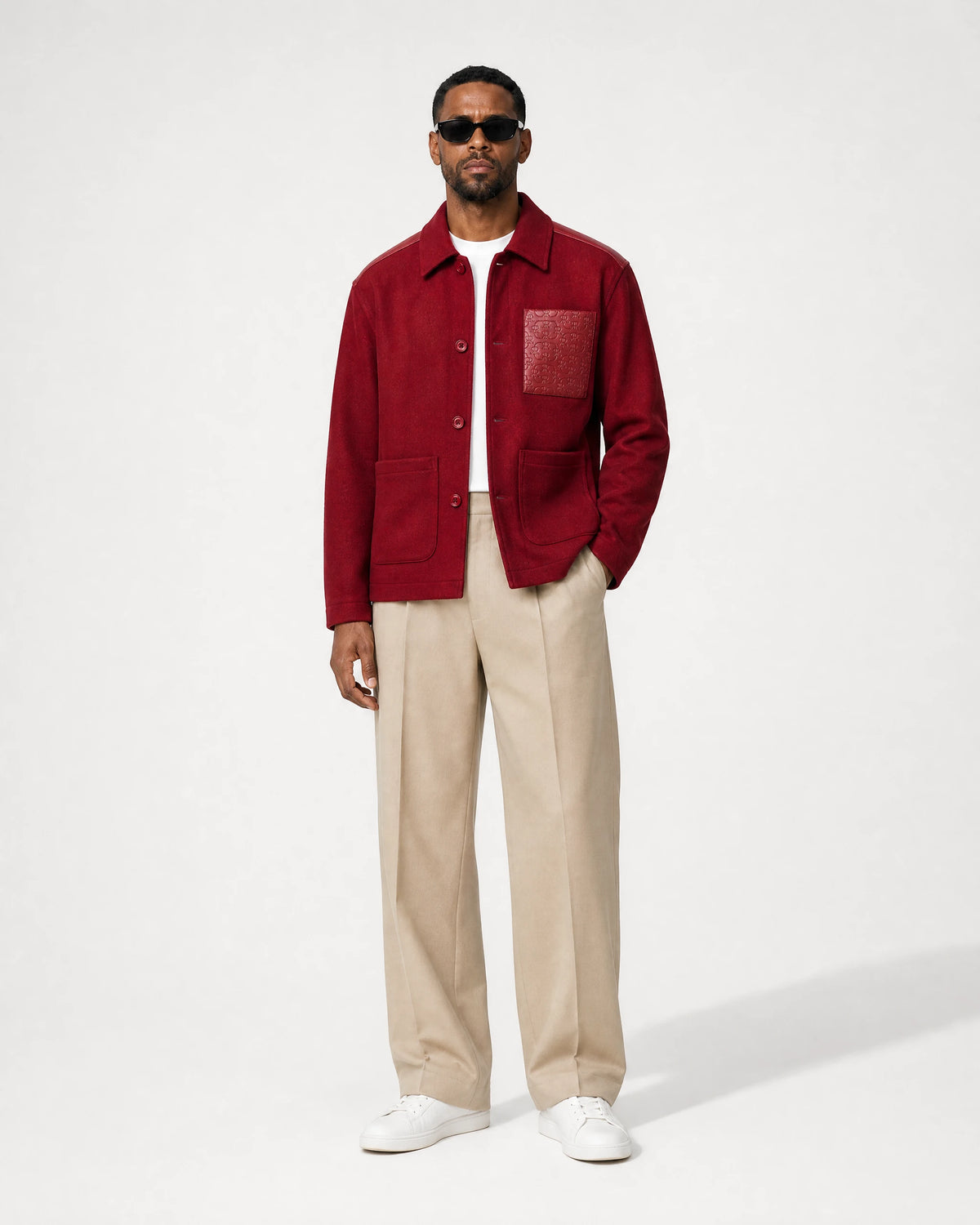 Romimi Atelier Wool Overshirt in burgundy, worn by a man, front view