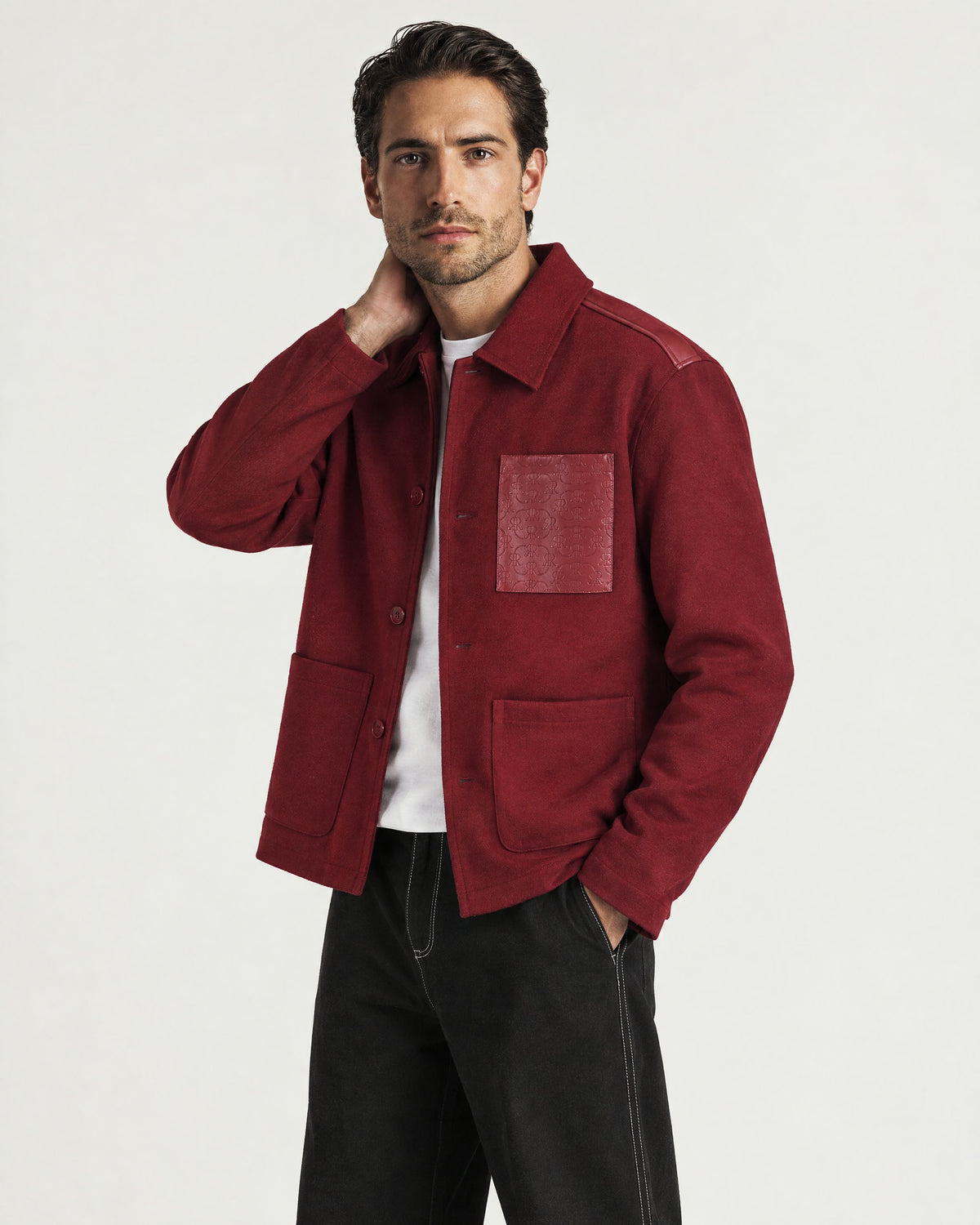 Man wearing the Romimi Atelier Overshirt, three-quarter view