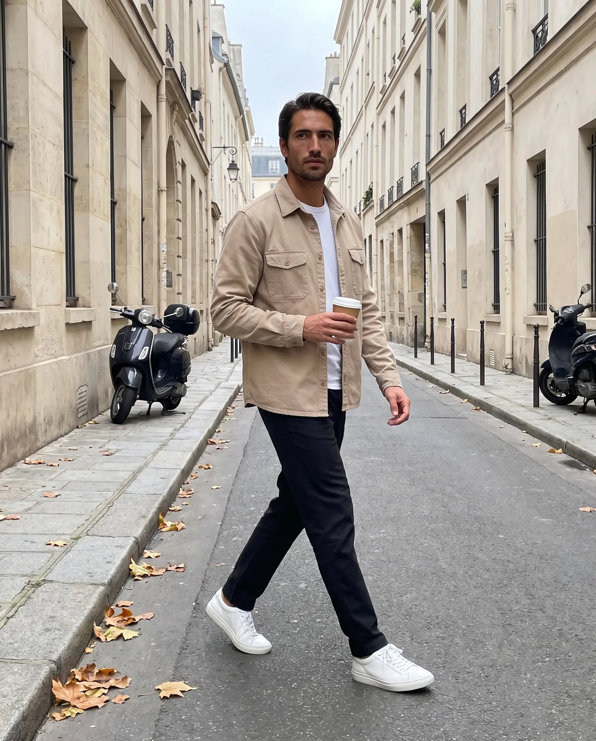Man walking down a quiet city street in a khaki brushed overshirt