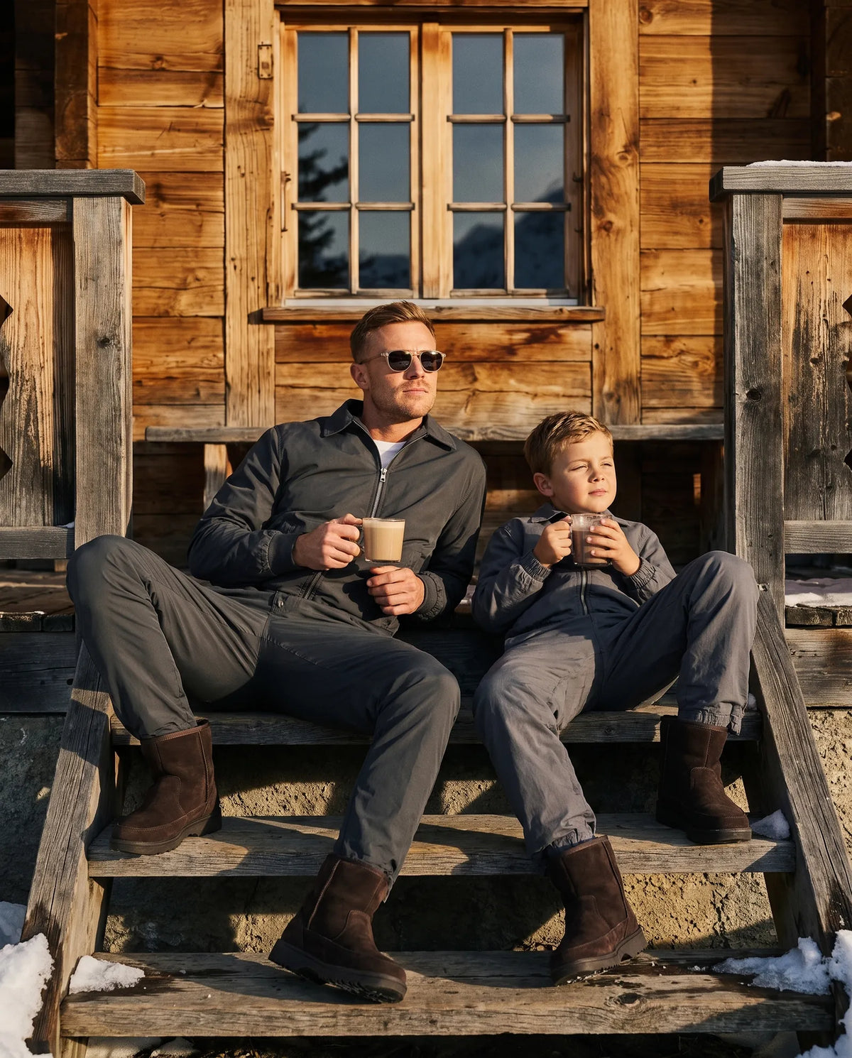 Father and son in the low sun on the steps of a mountain chalet in matching charcoal tech tracksuits