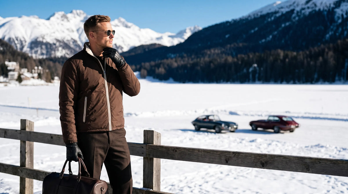 Man in sunglasses and leather gloves on a frozen Alpine lake in a brown reversible jacket