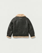 Romimi kids aviator jacket in black with a cream collar, back view