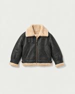 Romimi kids aviator jacket in black with a cream collar, front view