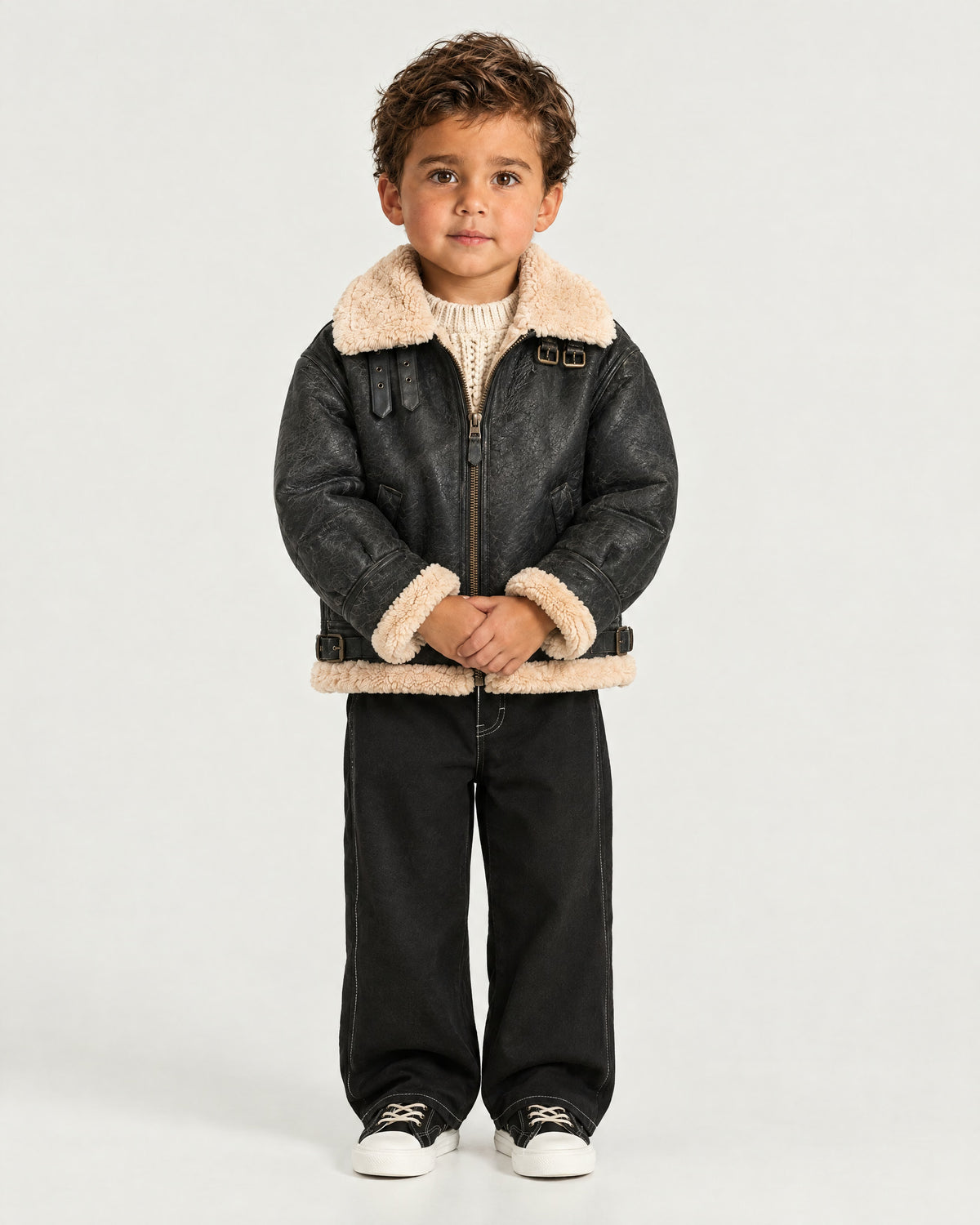 Little boy wearing the Romimi Aviator Jacket - Black, front view
