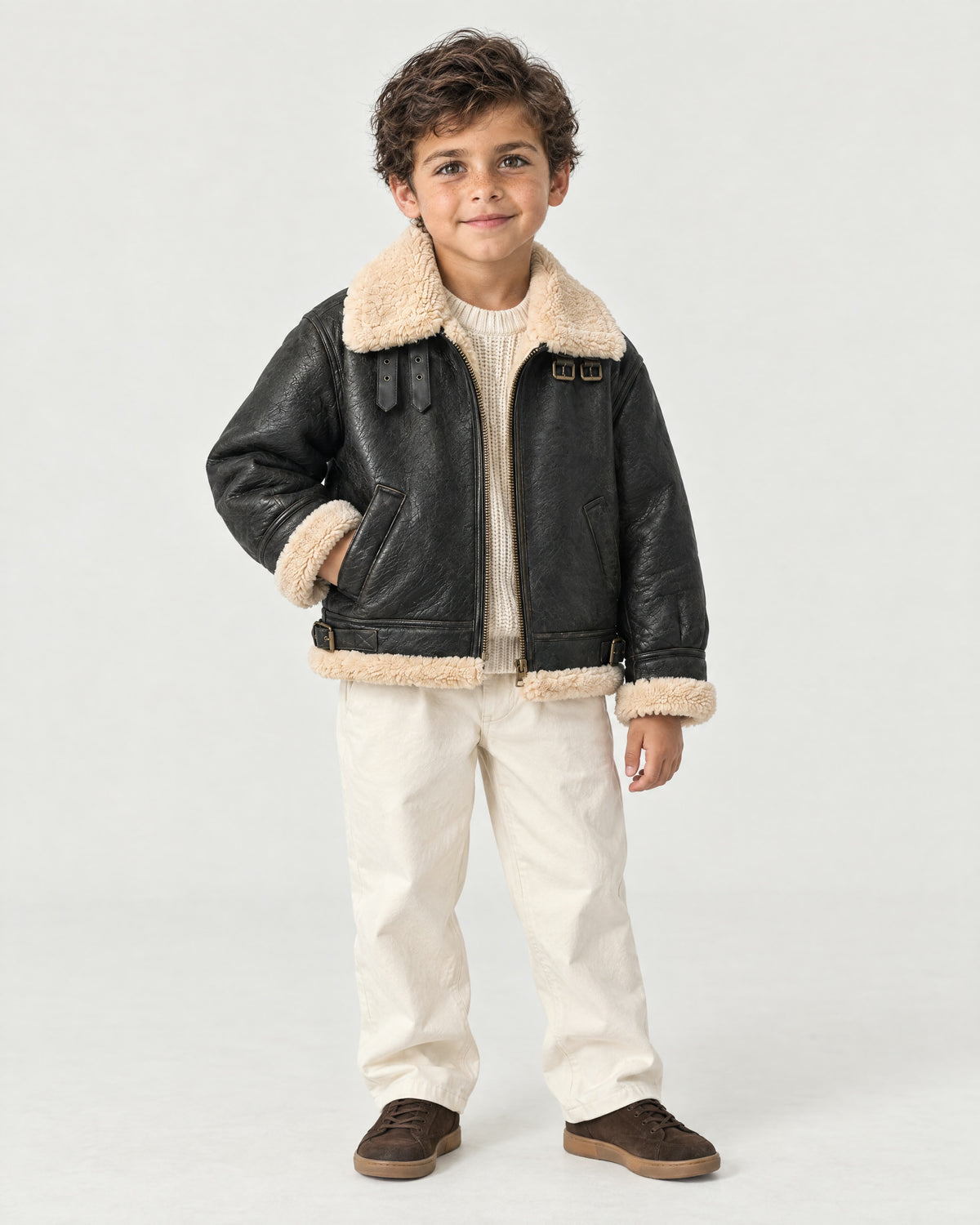 Boy wearing the Romimi kids aviator jacket in black with a cream collar, front view