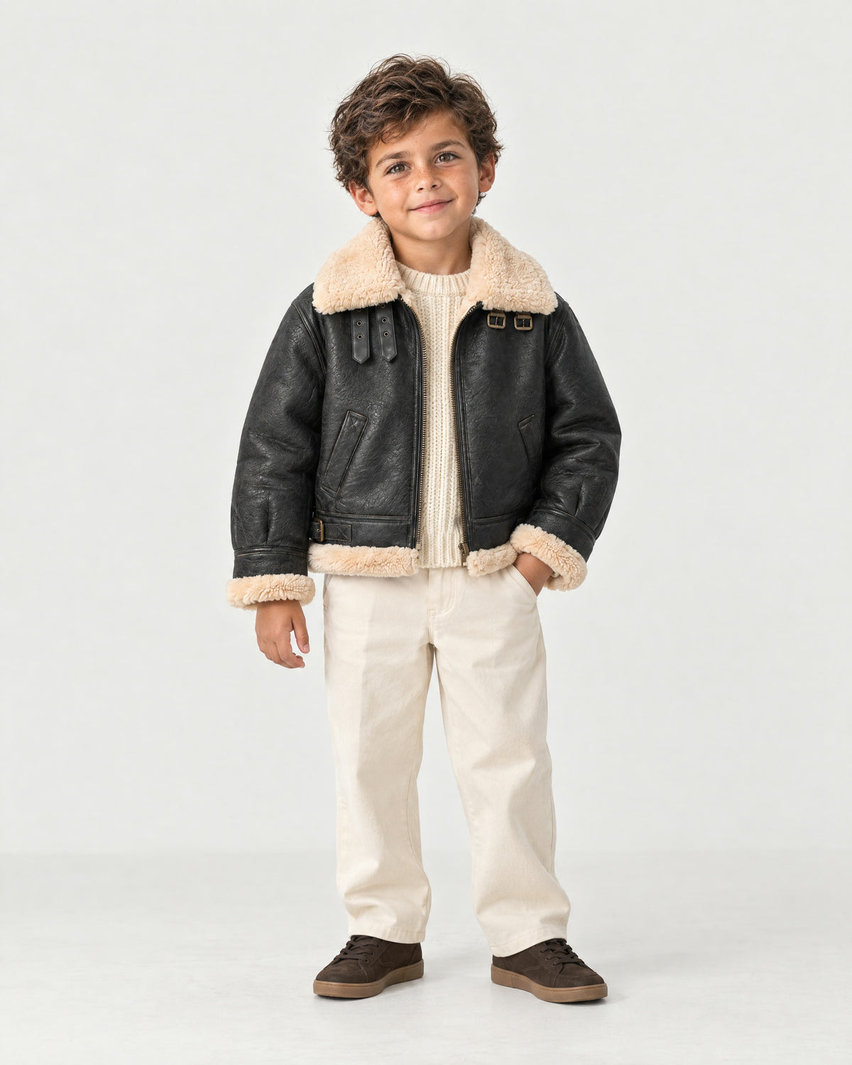Boy wearing the Romimi kids aviator jacket in black with a cream collar, full length