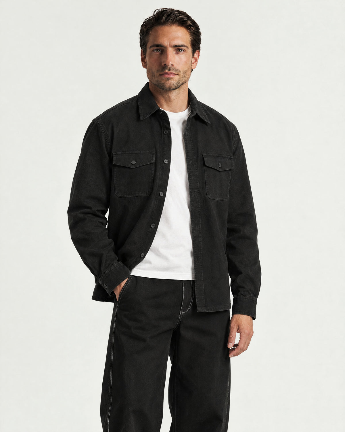 Romimi Brushed Overshirt in Black, worn