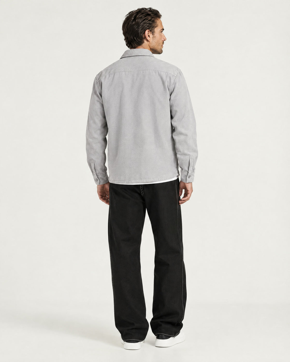 Romimi Brushed Overshirt in Grey, back view, worn