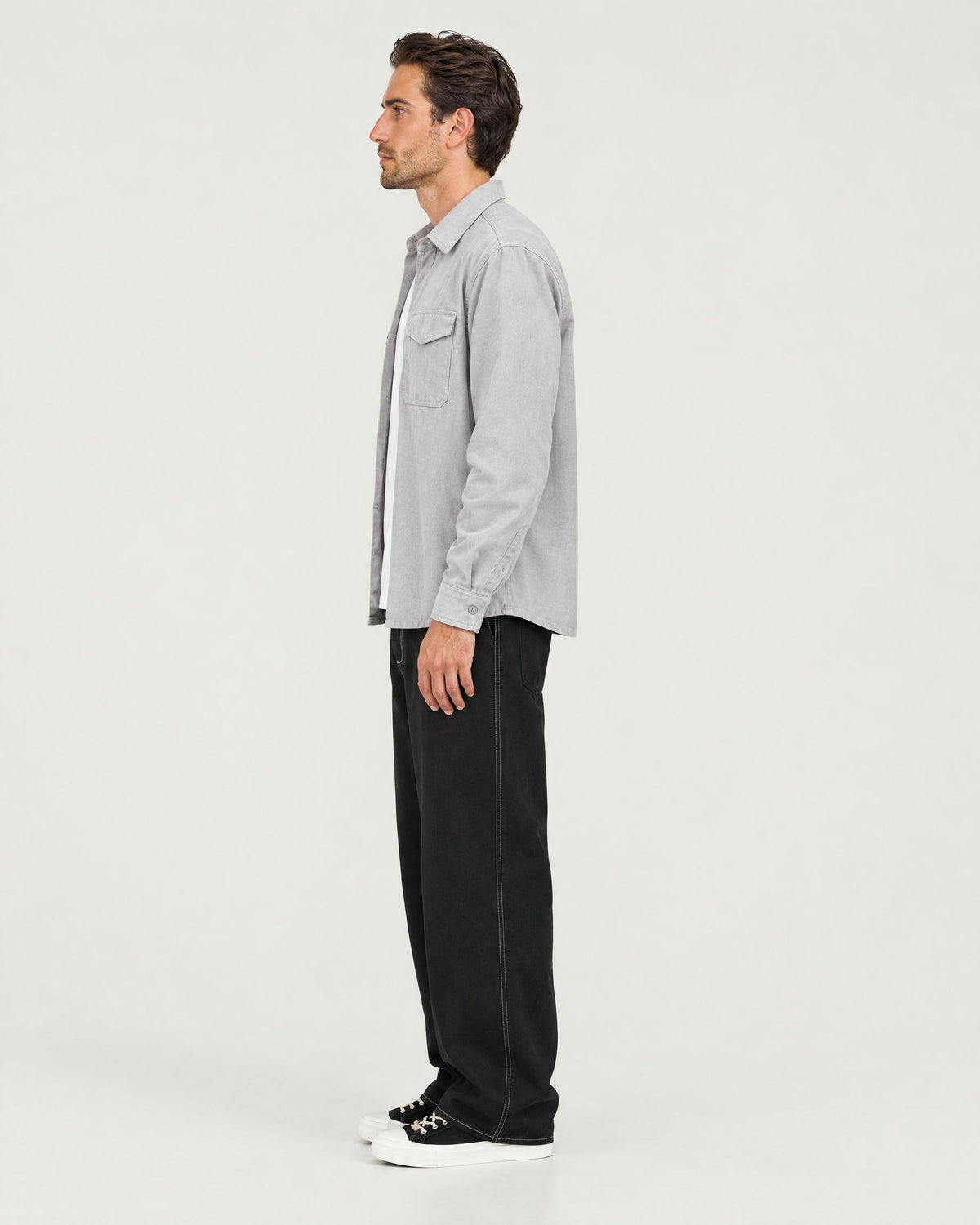 Romimi Brushed Overshirt in Grey, side view, worn
