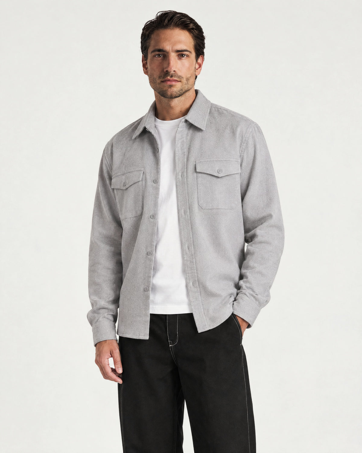 Romimi Brushed Overshirt in Grey, worn
