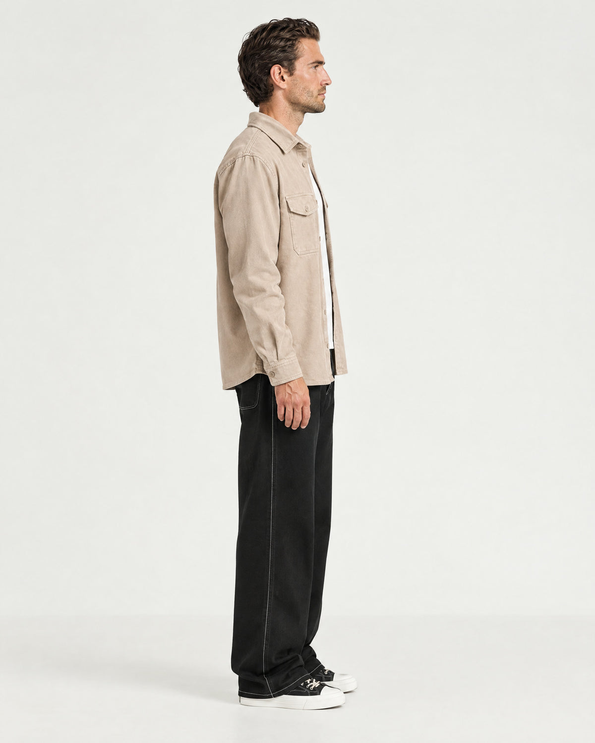 Romimi Brushed Overshirt in Khaki, side view, worn