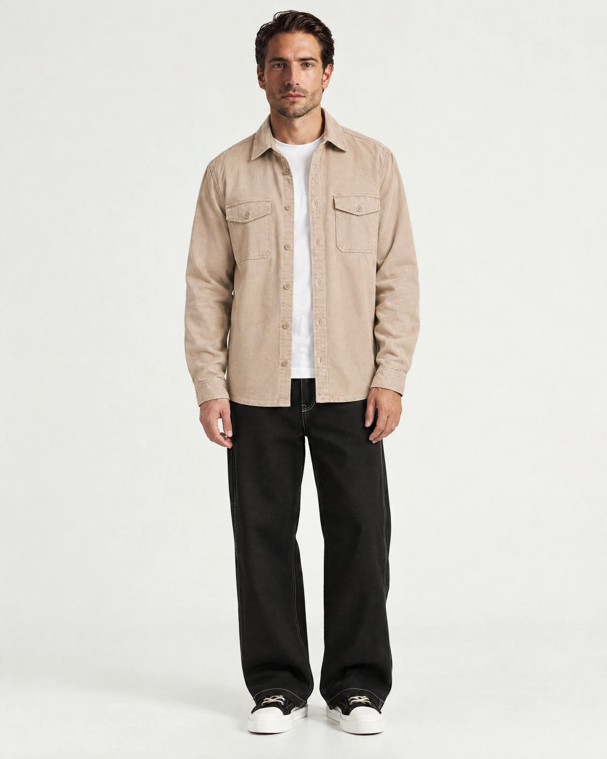 Romimi Brushed Overshirt in Khaki, worn
