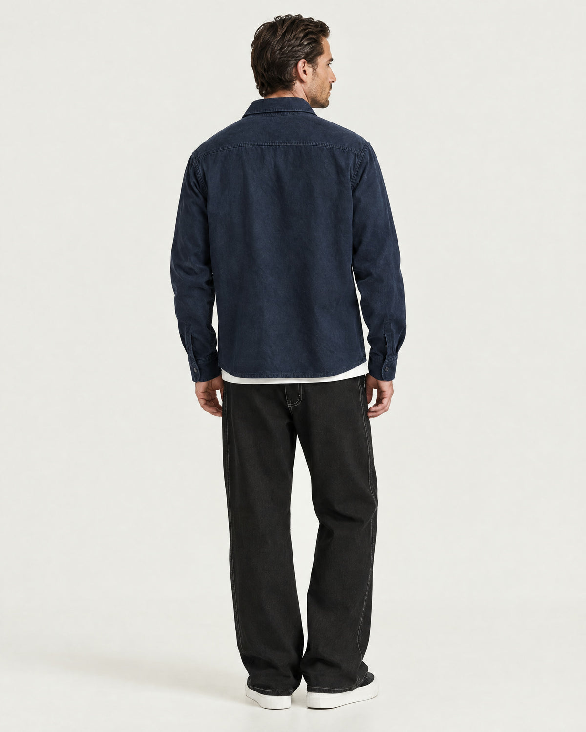Romimi Brushed Overshirt in Navy, back view, worn