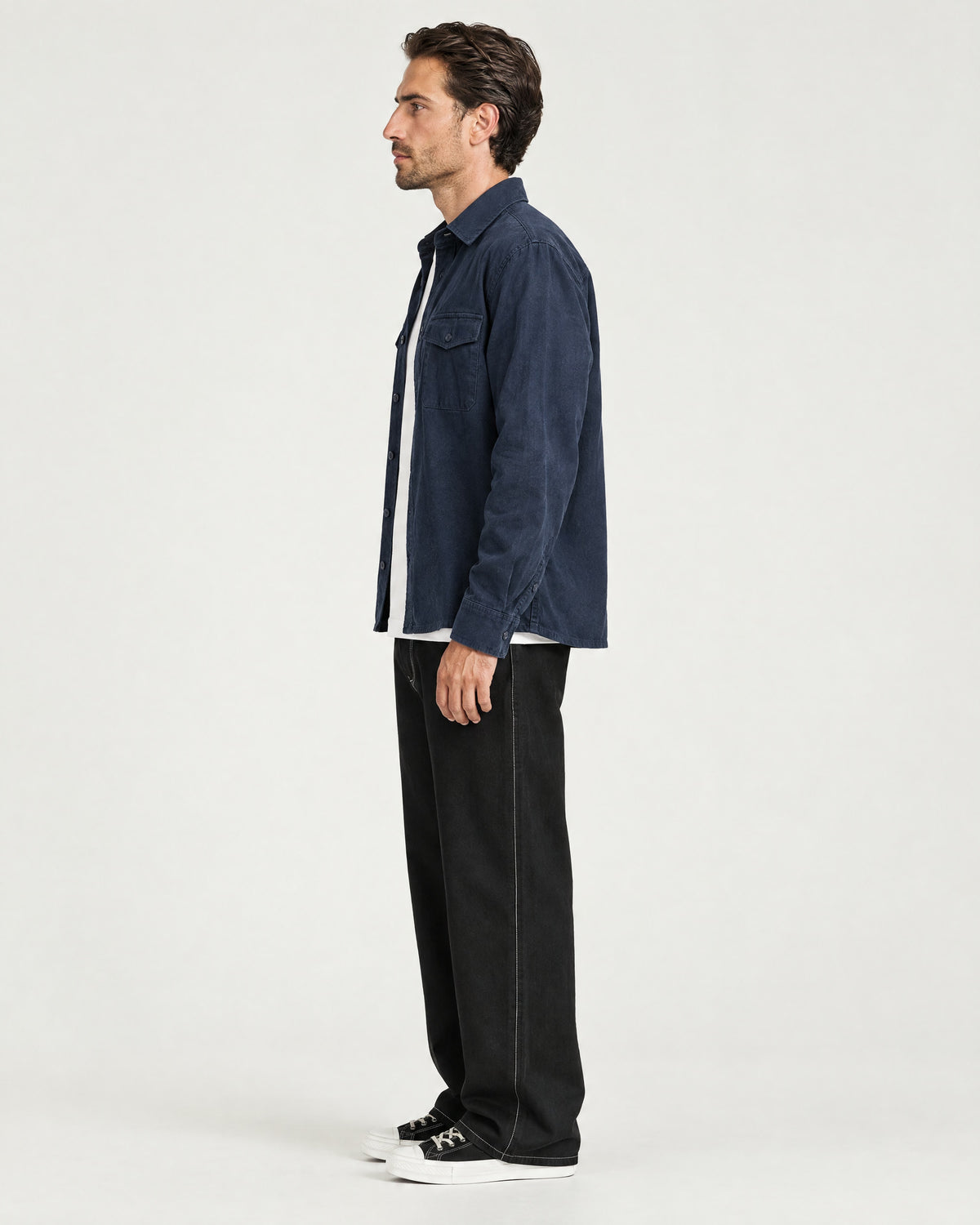 Romimi Brushed Overshirt in Navy, side view, worn