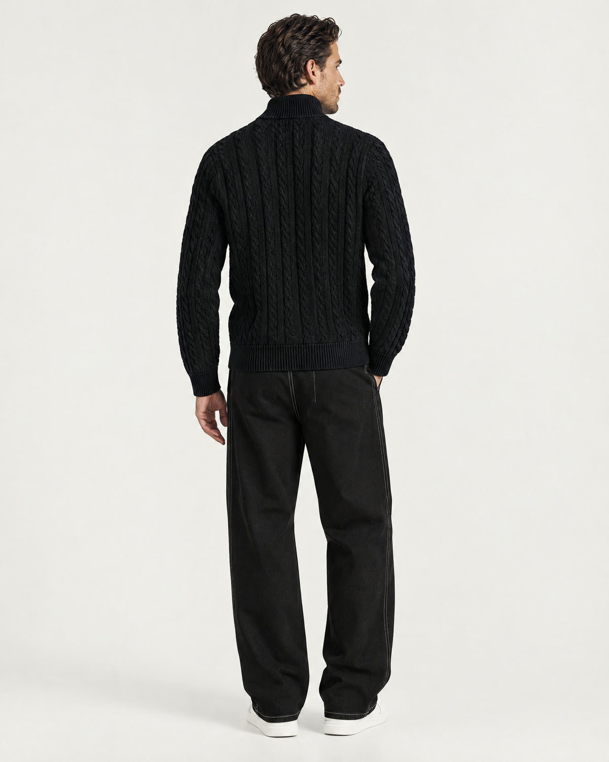 Romimi Cable Knit Quarter-Zip in Black, back view, worn