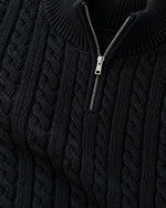Romimi Cable Knit Quarter-Zip in Black, fabric close-up