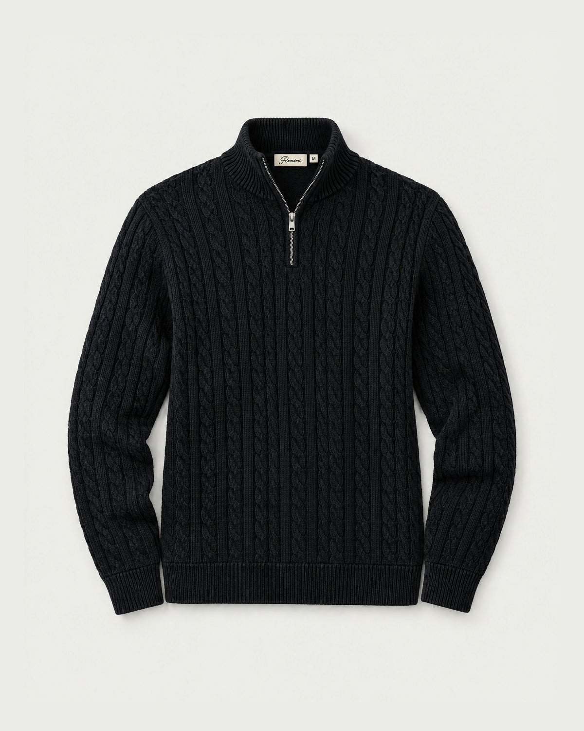 Romimi Cable Knit Quarter-Zip in Black, front view