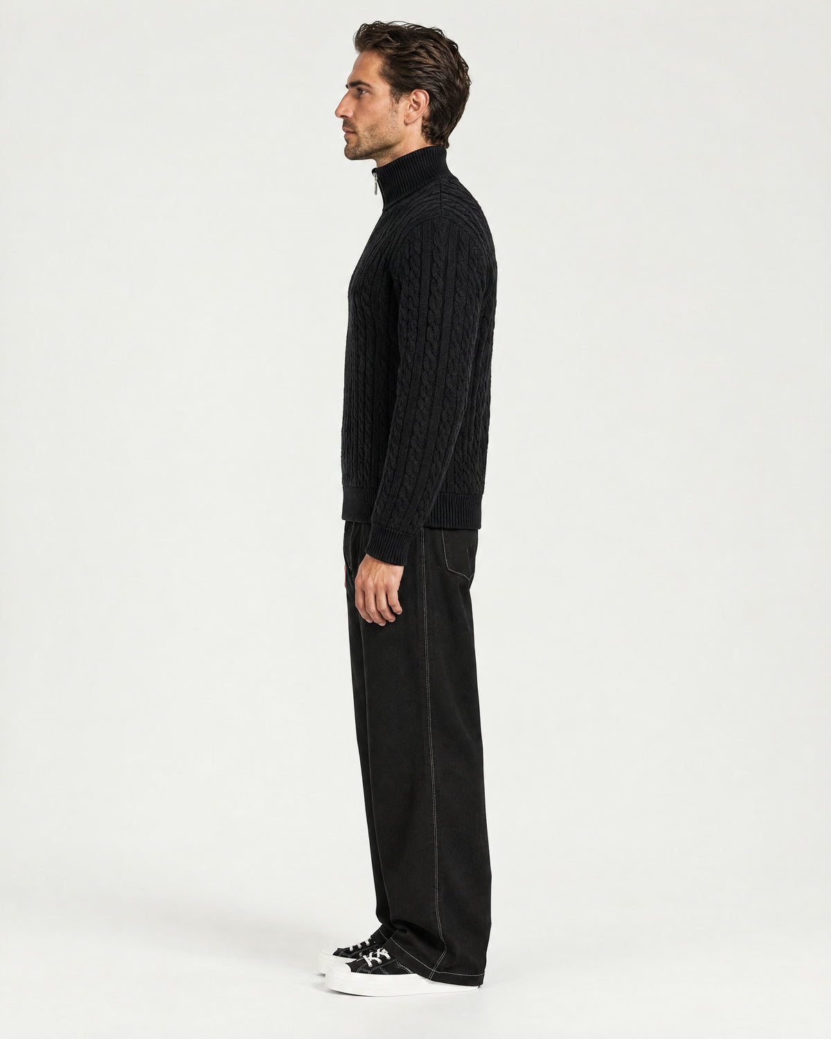 Romimi Cable Knit Quarter-Zip in Black, side view, worn
