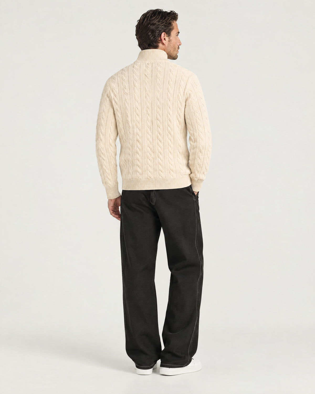 Romimi Cable Knit Quarter-Zip in Ecru, back view, worn