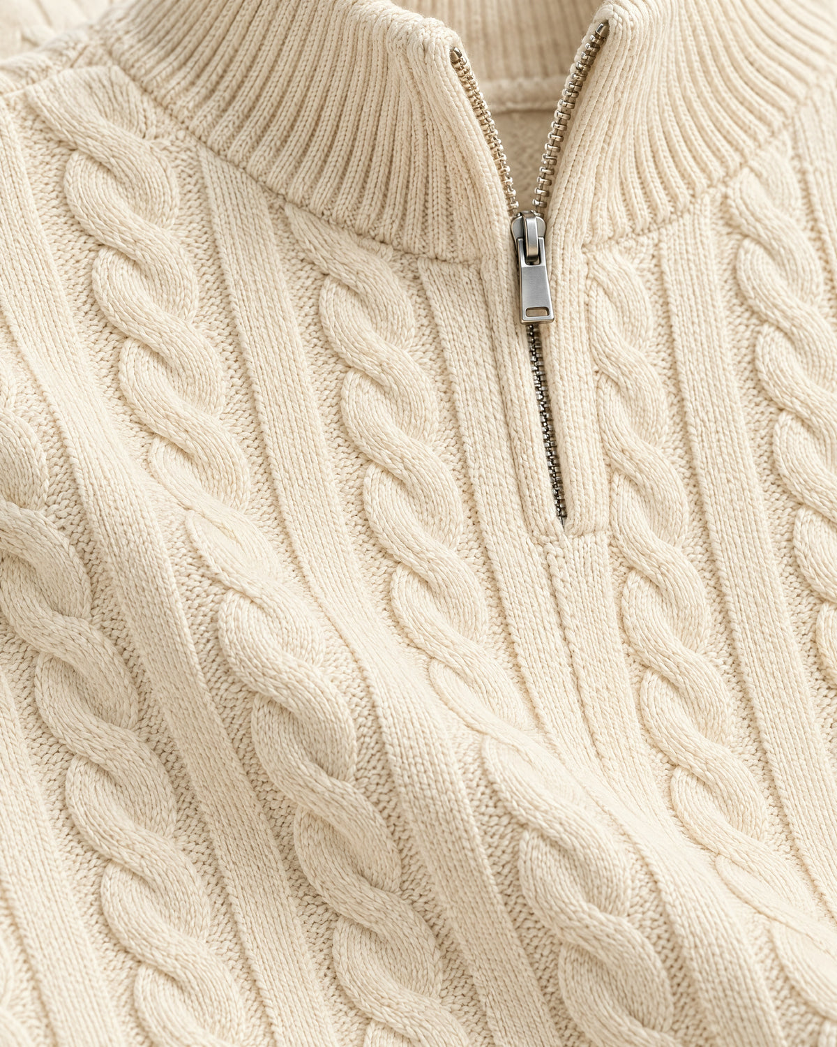 Romimi Cable Knit Quarter-Zip in Ecru, fabric close-up