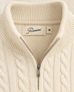 Romimi Cable Knit Quarter-Zip in Ecru, label close-up