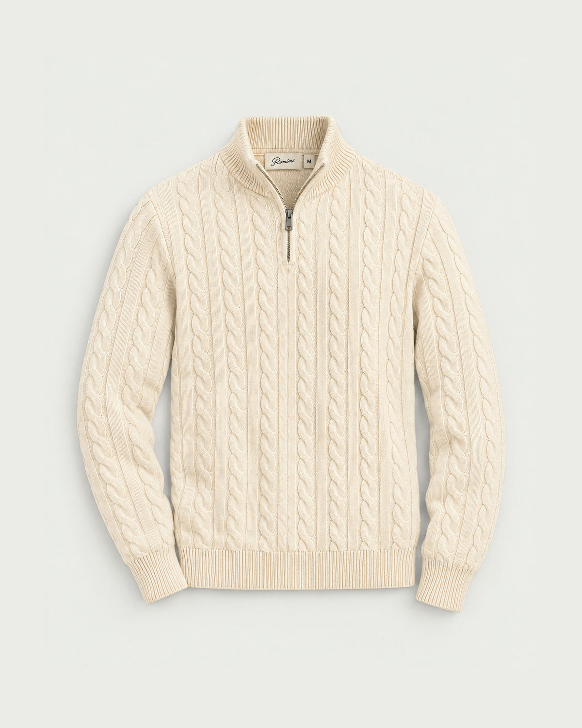 Romimi Cable Knit Quarter-Zip in Ecru, front view