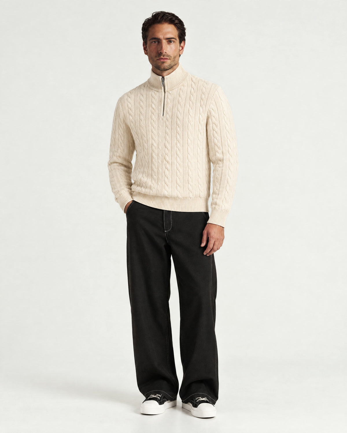 Romimi Cable Knit Quarter-Zip in Ecru, worn