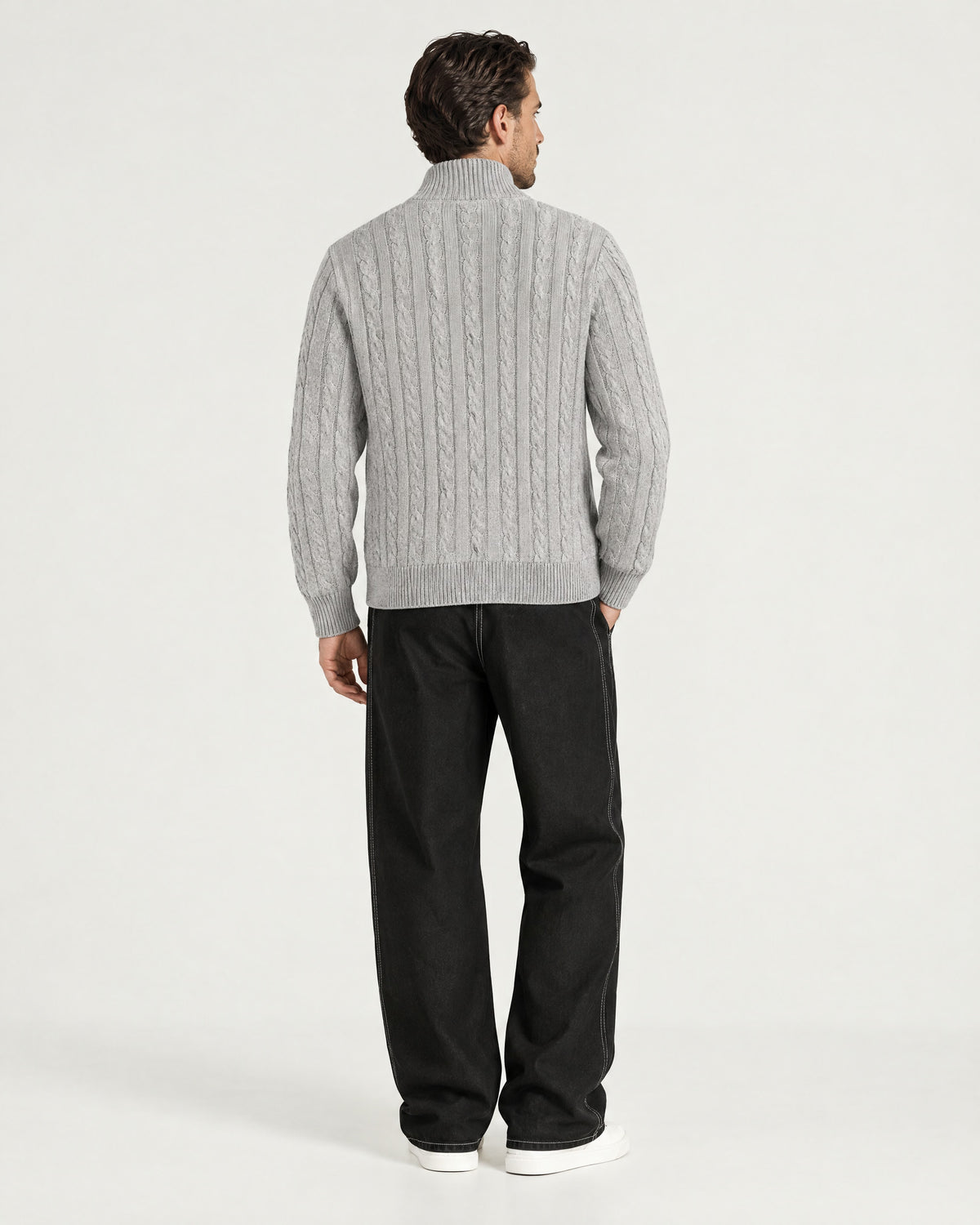 Romimi Cable Knit Quarter-Zip in Grey Melange, back view, worn