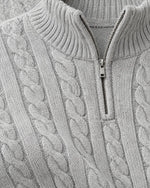 Romimi Cable Knit Quarter-Zip in Grey Melange, fabric close-up