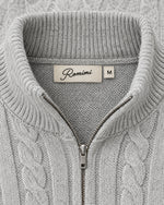 Romimi Cable Knit Quarter-Zip in Grey Melange, label close-up