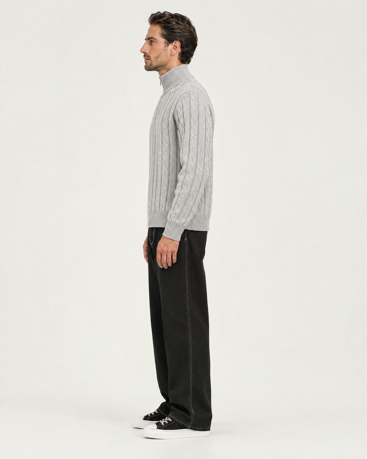 Romimi Cable Knit Quarter-Zip in Grey Melange, side view, worn