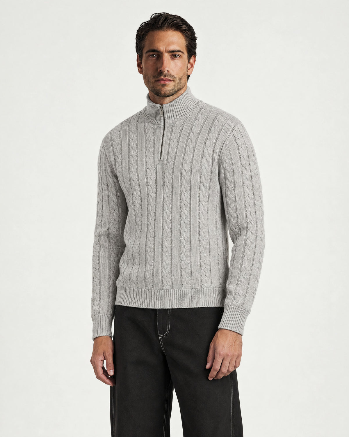 Romimi Cable Knit Quarter-Zip in Grey Melange, worn