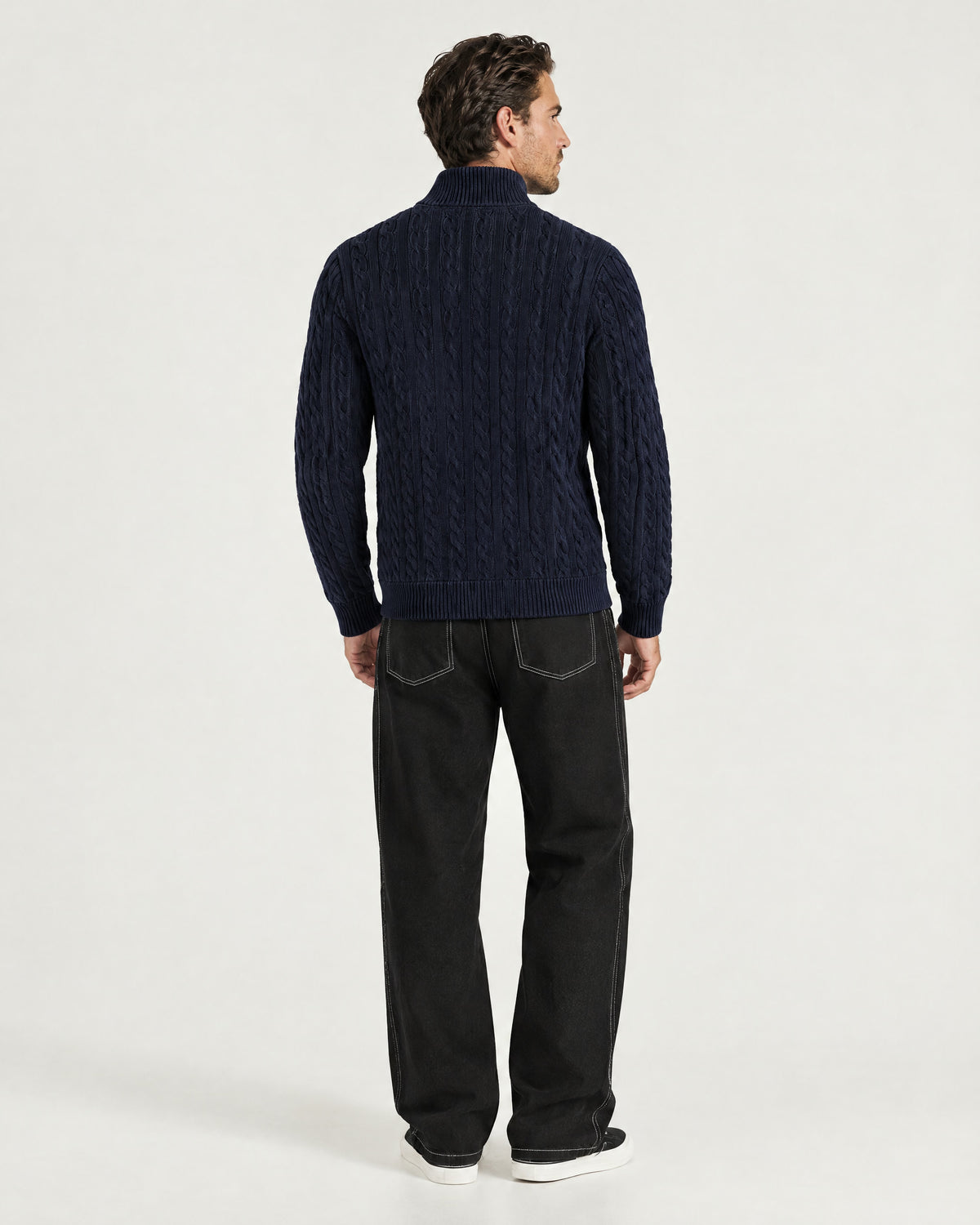 Romimi Cable Knit Quarter-Zip in Navy, back view, worn