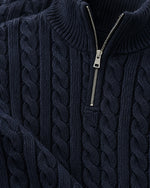 Romimi Cable Knit Quarter-Zip in Navy, fabric close-up