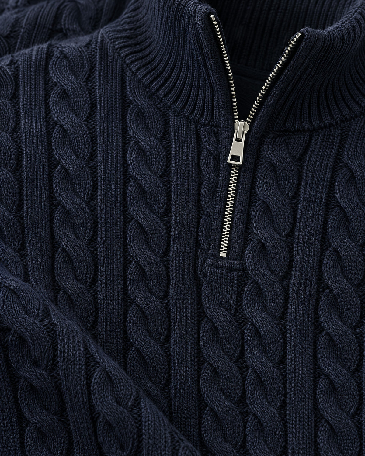 Romimi Cable Knit Quarter-Zip in Navy, fabric close-up