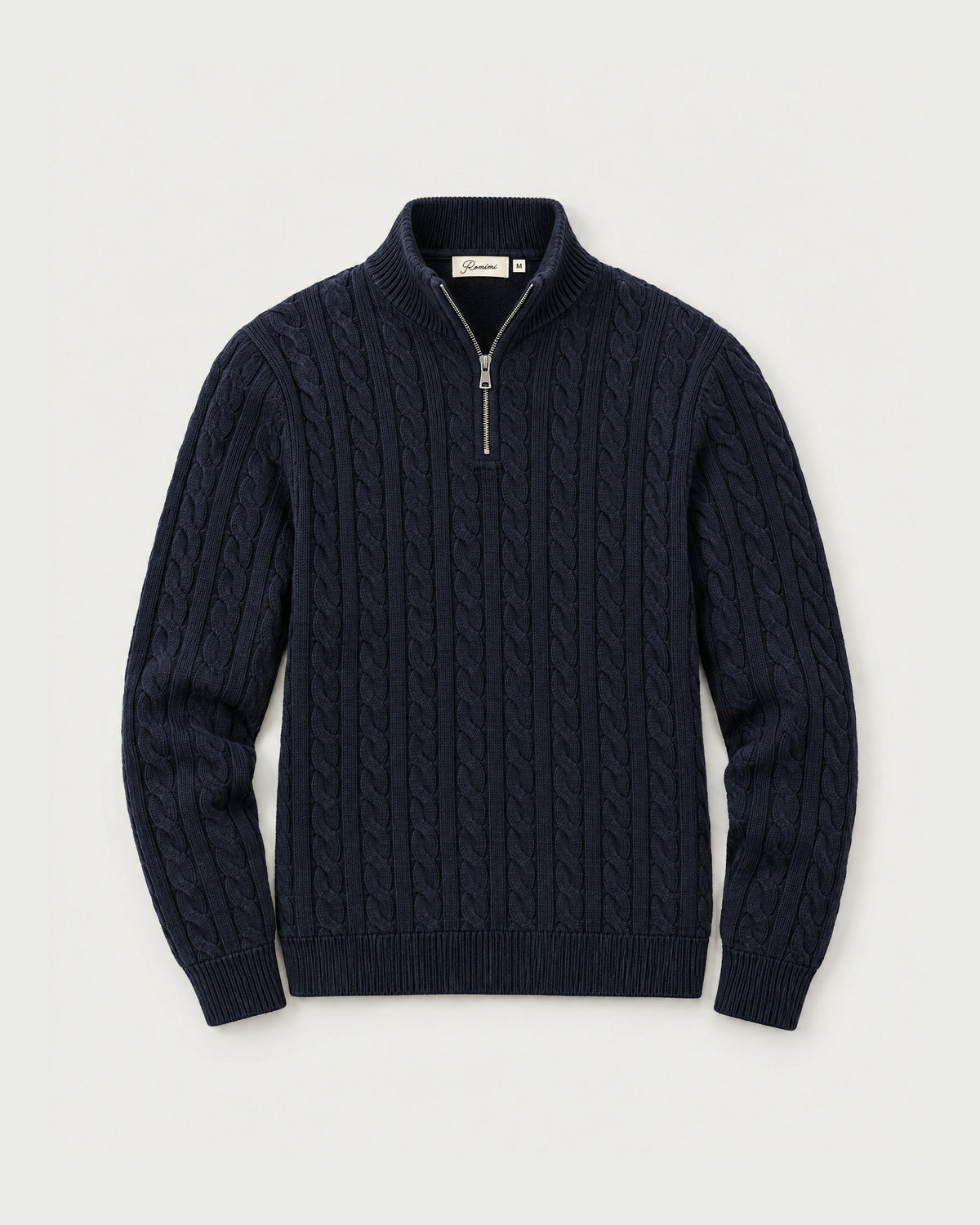 Romimi Cable Knit Quarter-Zip in Navy, front view