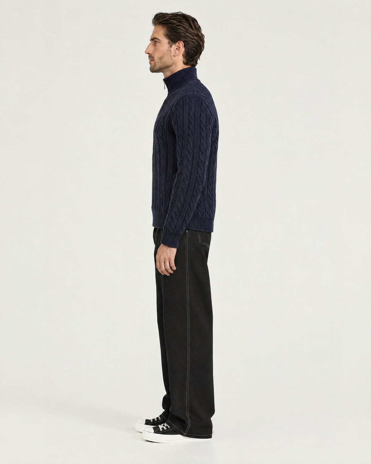 Romimi Cable Knit Quarter-Zip in Navy, side view, worn